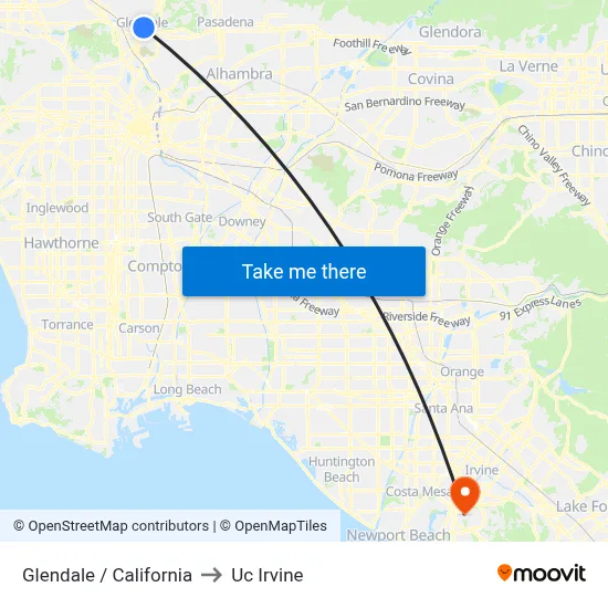 Glendale / California to Uc Irvine map