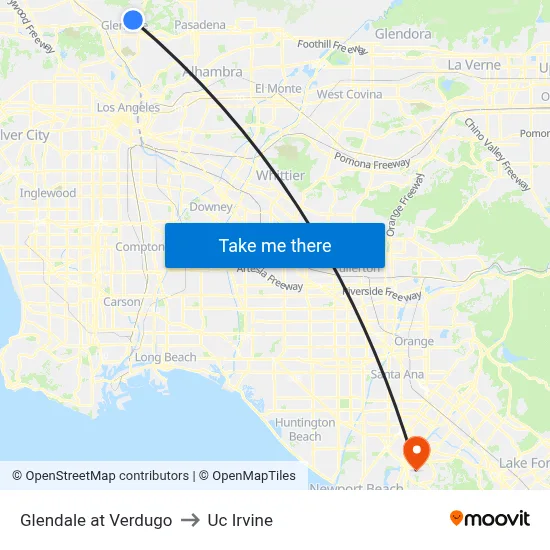 Glendale at Verdugo to Uc Irvine map