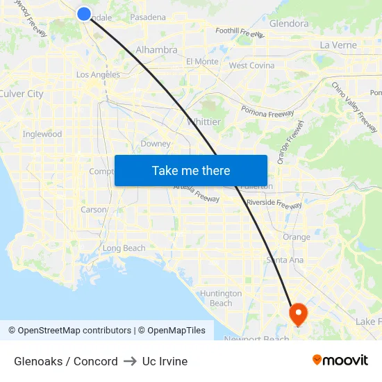 Glenoaks / Concord to Uc Irvine map
