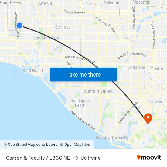 Carson & Faculty / LBCC NE to Uc Irvine map
