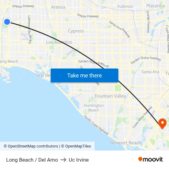 Long Beach / Del Amo to Uc Irvine map