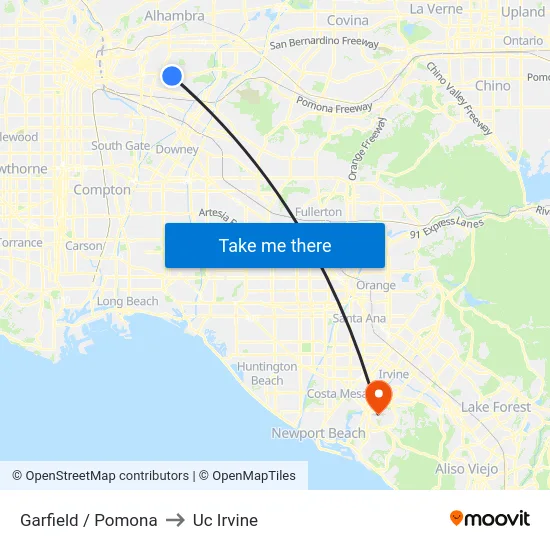 Garfield / Pomona to Uc Irvine map