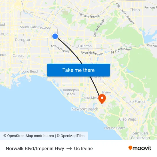 Norwalk Blvd/Imperial Hwy to Uc Irvine map