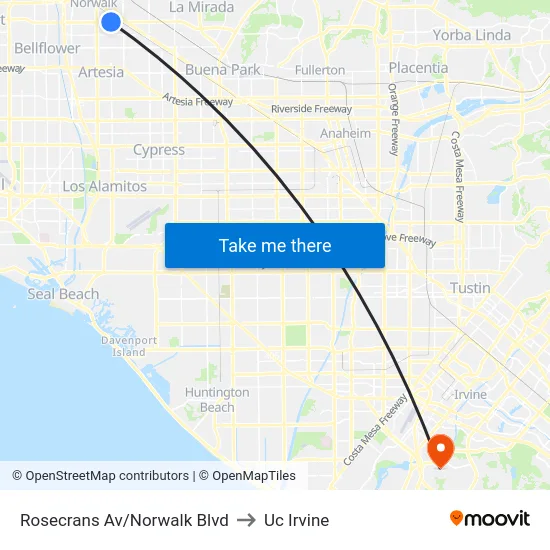 Rosecrans Av/Norwalk Blvd to Uc Irvine map