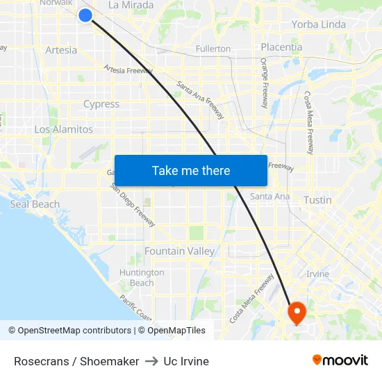 Rosecrans / Shoemaker to Uc Irvine map