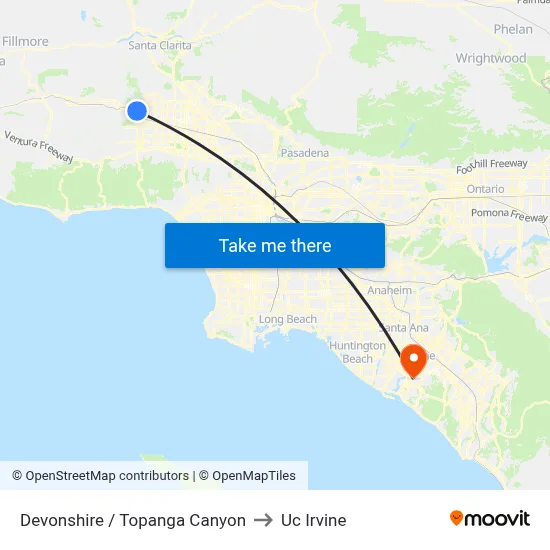 Devonshire / Topanga Canyon to Uc Irvine map