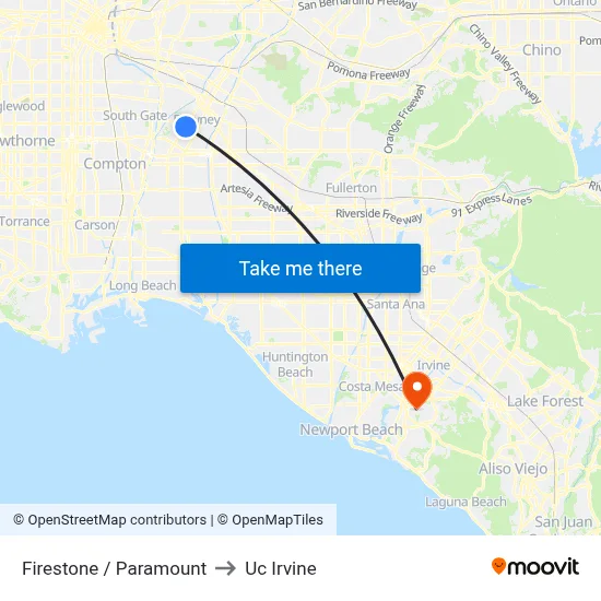 Firestone / Paramount to Uc Irvine map