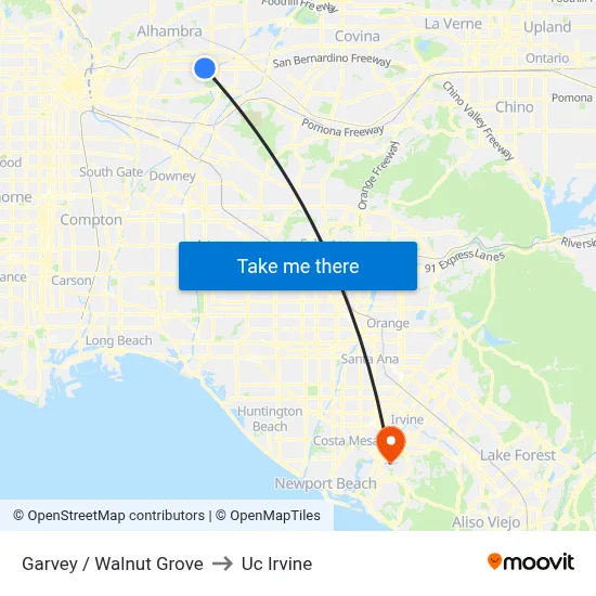 Garvey / Walnut Grove to Uc Irvine map