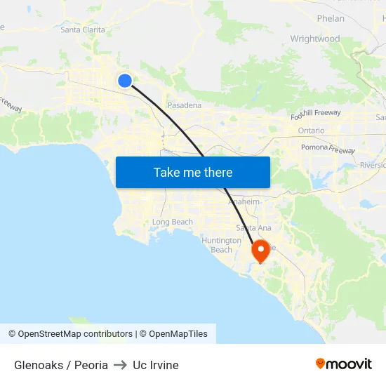 Glenoaks / Peoria to Uc Irvine map