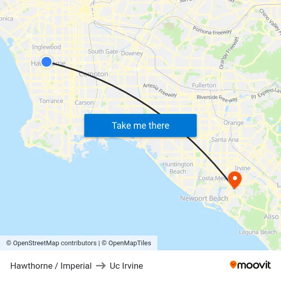 Hawthorne / Imperial to Uc Irvine map