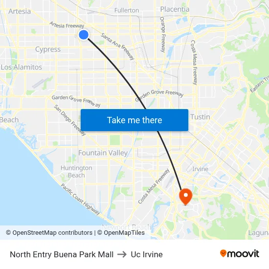 North Entry Buena Park Mall to Uc Irvine map