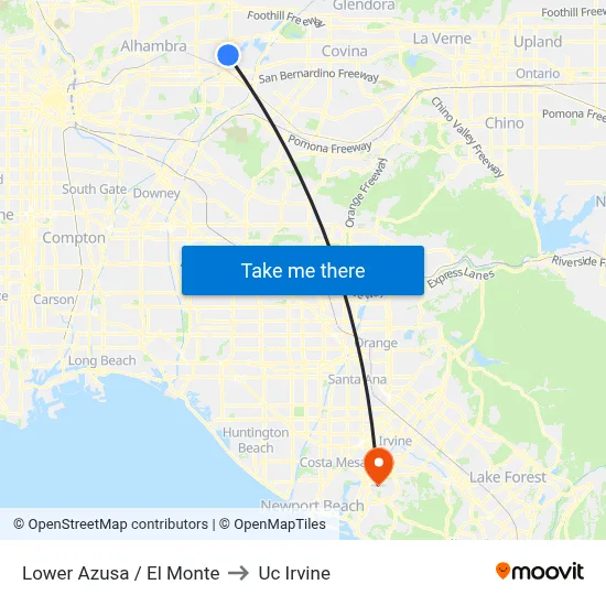 Lower Azusa / El Monte to Uc Irvine map