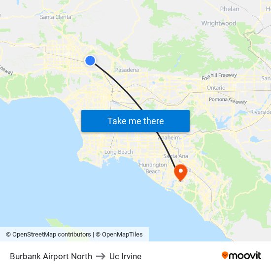 Burbank Airport North to Uc Irvine map