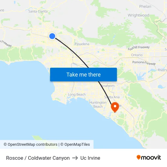 Roscoe / Coldwater Canyon to Uc Irvine map