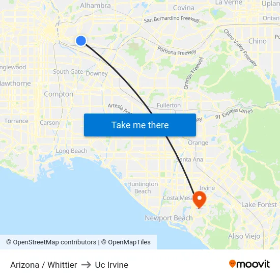 Arizona / Whittier to Uc Irvine map