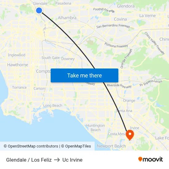 Glendale / Los Feliz to Uc Irvine map