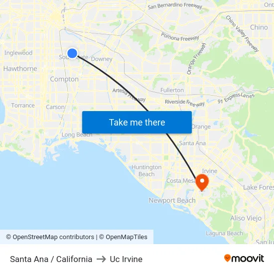 Santa Ana / California to Uc Irvine map