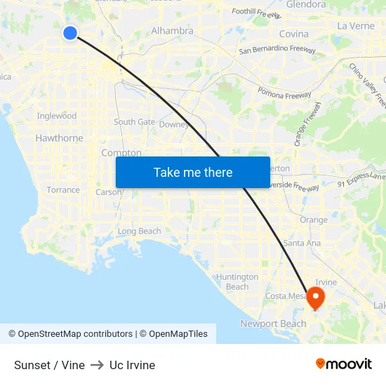 Sunset / Vine to Uc Irvine map