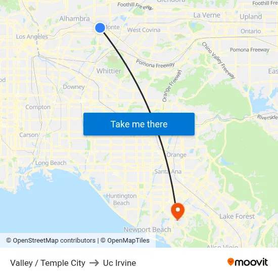 Valley / Temple City to Uc Irvine map