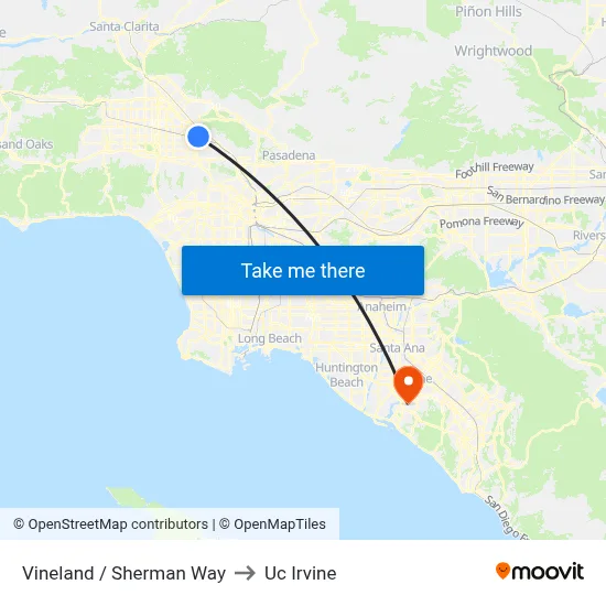 Vineland / Sherman Way to Uc Irvine map