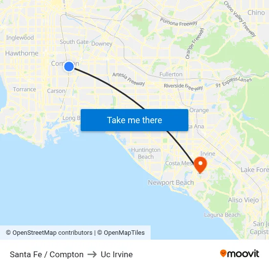 Santa Fe / Compton to Uc Irvine map