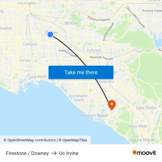 Firestone / Downey to Uc Irvine map