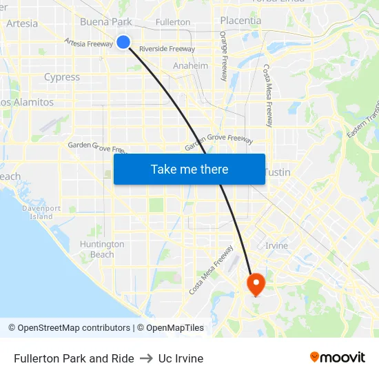 Fullerton Park and Ride to Uc Irvine map
