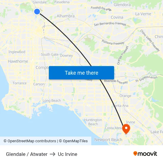 Glendale / Atwater to Uc Irvine map