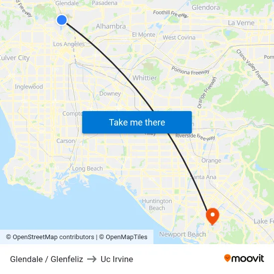 Glendale / Glenfeliz to Uc Irvine map
