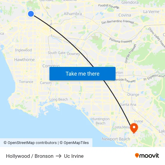 Hollywood / Bronson to Uc Irvine map
