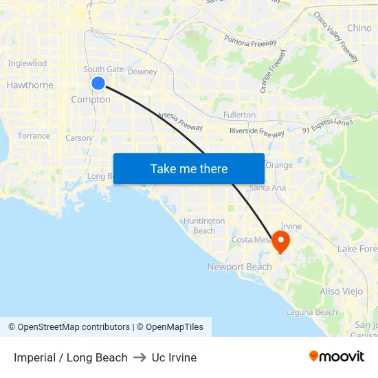 Imperial / Long Beach to Uc Irvine map