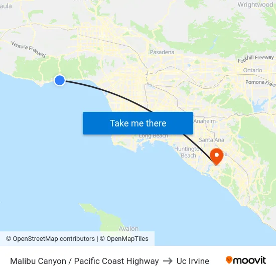 Malibu Canyon / Pacific Coast Highway to Uc Irvine map