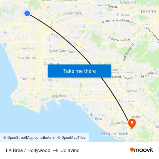 LA Brea / Hollywood to Uc Irvine map