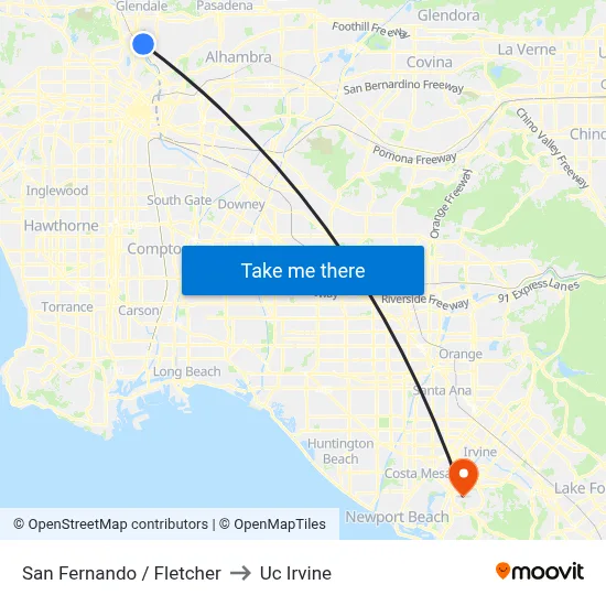 San Fernando / Fletcher to Uc Irvine map