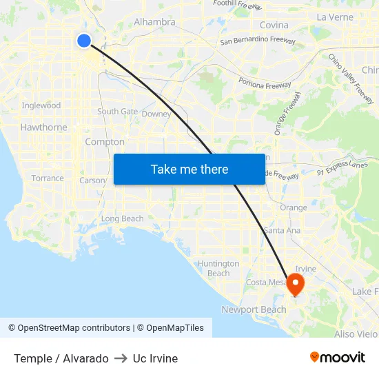 Temple / Alvarado to Uc Irvine map