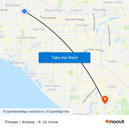 Pioneer / Artesia to Uc Irvine map