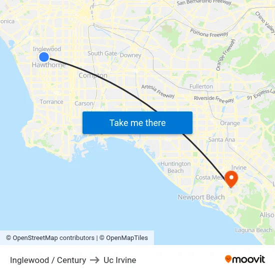 Inglewood / Century to Uc Irvine map