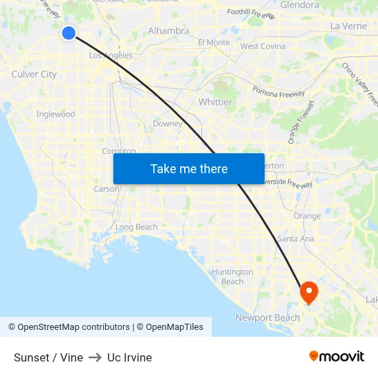 Sunset / Vine to Uc Irvine map