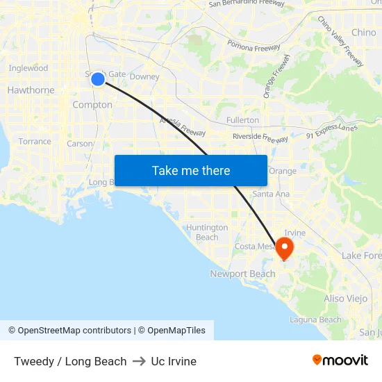 Tweedy / Long Beach to Uc Irvine map