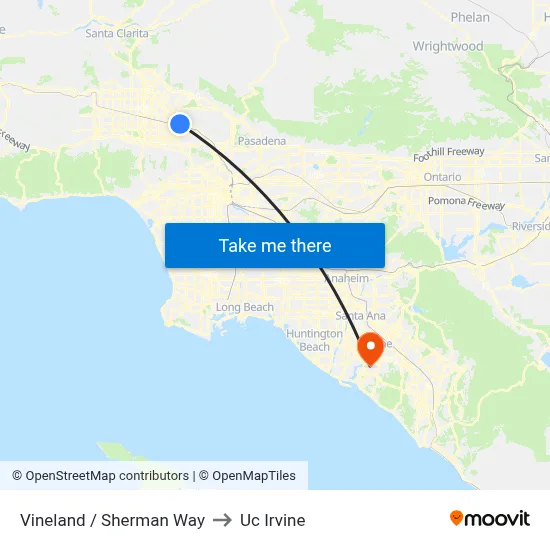 Vineland / Sherman Way to Uc Irvine map