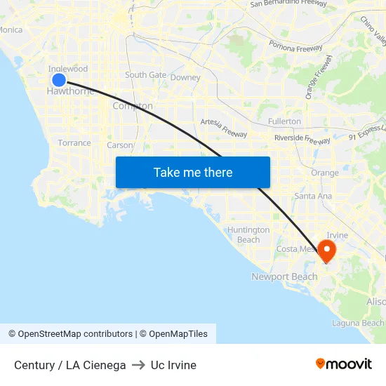 Century / LA Cienega to Uc Irvine map