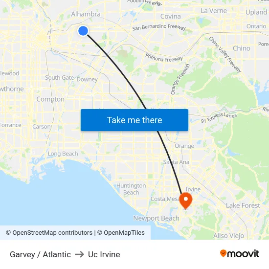 Garvey / Atlantic to Uc Irvine map