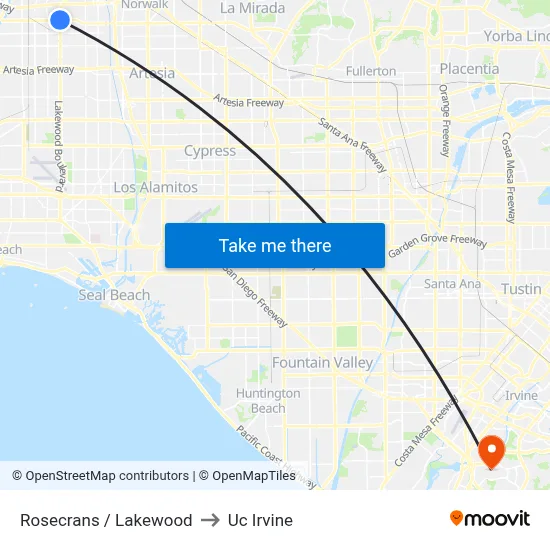 Rosecrans / Lakewood to Uc Irvine map