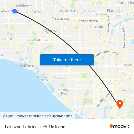 Lakewood / Artesia to Uc Irvine map