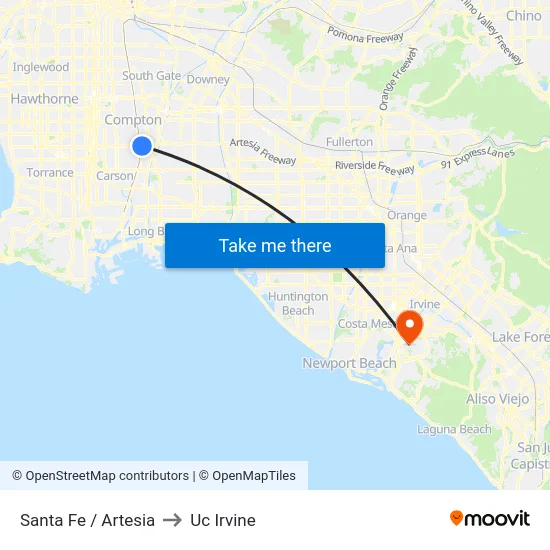 Santa Fe / Artesia to Uc Irvine map
