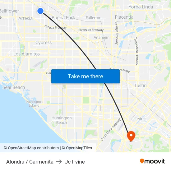 Alondra / Carmenita to Uc Irvine map