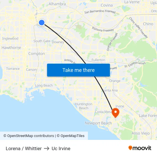 Lorena / Whittier to Uc Irvine map