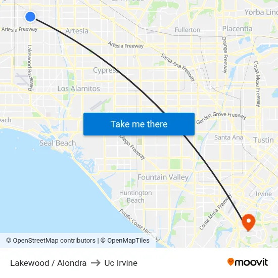 Lakewood / Alondra to Uc Irvine map