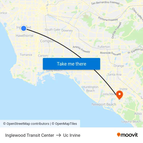 Inglewood Transit Center to Uc Irvine map