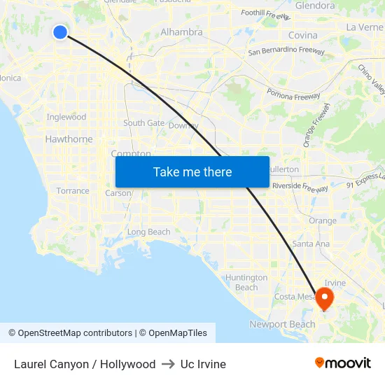 Laurel Canyon / Hollywood to Uc Irvine map
